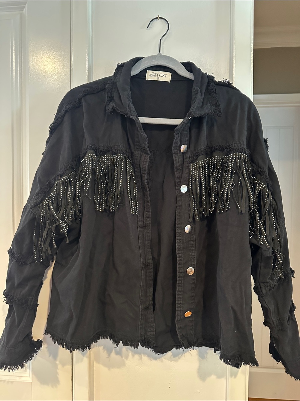 The Post Black Stud Fringe Button-Front Jean Jacket